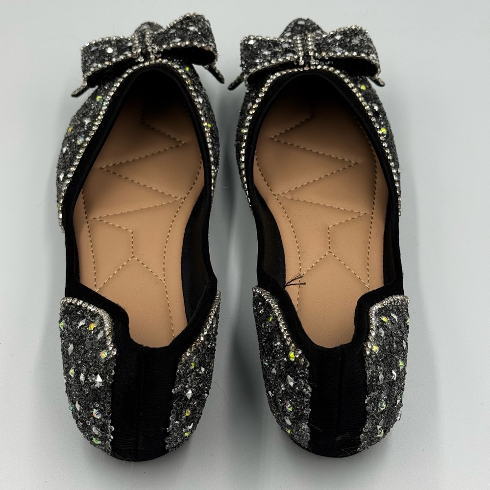 Black Rhinestone Bow Flats – Women’s Size 9, Elegant Sparkle Shoes - Picture 3 of 5